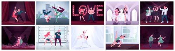 Koppels Dansen Platte Kleur Vector Illustraties Set Ballet Twist Latino — Stockvector