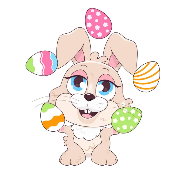 Cute Bunny Juggling Easter Eggs Kawaii Cartoon Vector Character Pascha — Stock Vector
