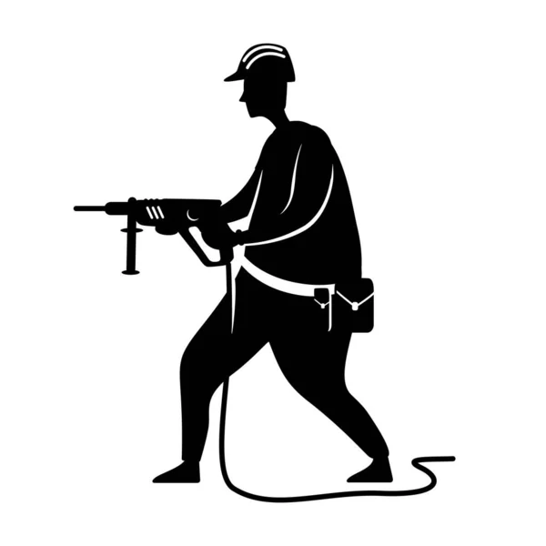 建設労働者ブラックシルエットベクトルイラスト ドリル付きのビルダー 家の修理だ 労働者のポーズ アニメーション 印刷のためのハンディマン2次元漫画のキャラクター形状 — ストックベクタ