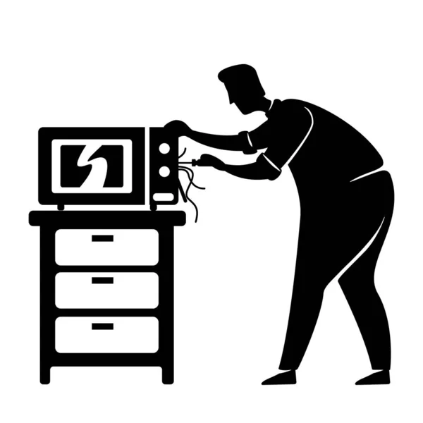 Manusia Tetap Microwave Hitam Siluet Vektor Ilustrasi Guy Perbaikan Oven - Stok Vektor