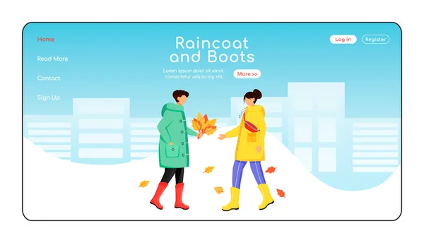 Raincoat Boots Landing Page Flat Color Vector Template Rainwear Homepage — Stock Vector