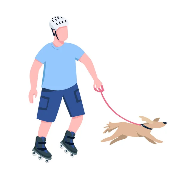 带狗平面彩色矢量的轮滑手 带着宠物狗骑着的年轻滑翔机 用于网页平面设计和动画的独立动画插图 — 图库矢量图片