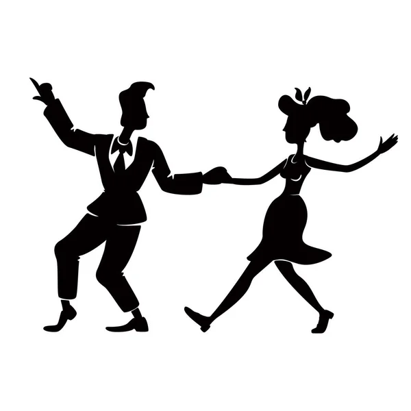 Retro Vrouw Man Dansen Energie Jive Zwart Silhouet Vector Illustratie — Stockvector