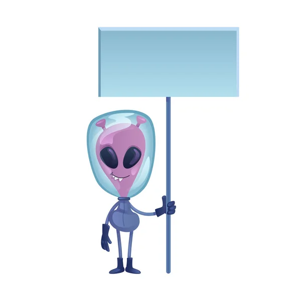 Alien Holding Blank Banner Flat Cartoon Vector Illustration Extraterrestrial Smiling — Stock Vector