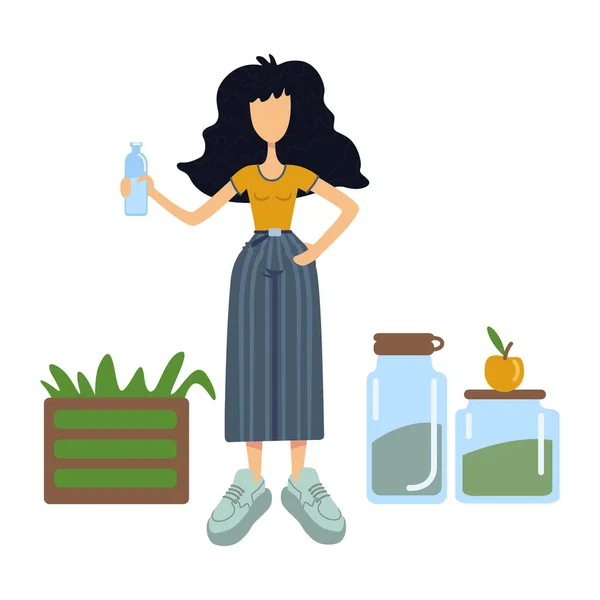 零废弃物平面卡通矢量插图 女人拿着玻璃瓶环保容器的使用 准备在商业 印刷设计中使用2D字符模板 孤立的喜剧英雄 — 图库矢量图片