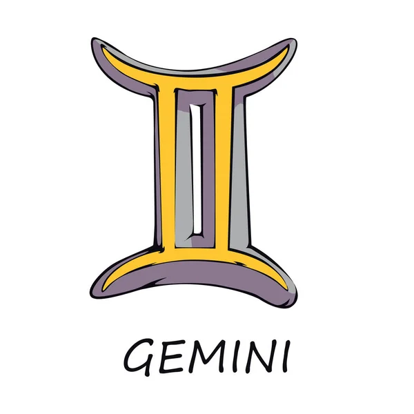ジェミニ星座フラット漫画ベクトルイラスト 名前と天の空気のシンボルを双子 占星術のホロスコープ予測オブジェクト 占星術は黄色の要素をチャート 絶縁手描きアイテム — ストックベクタ