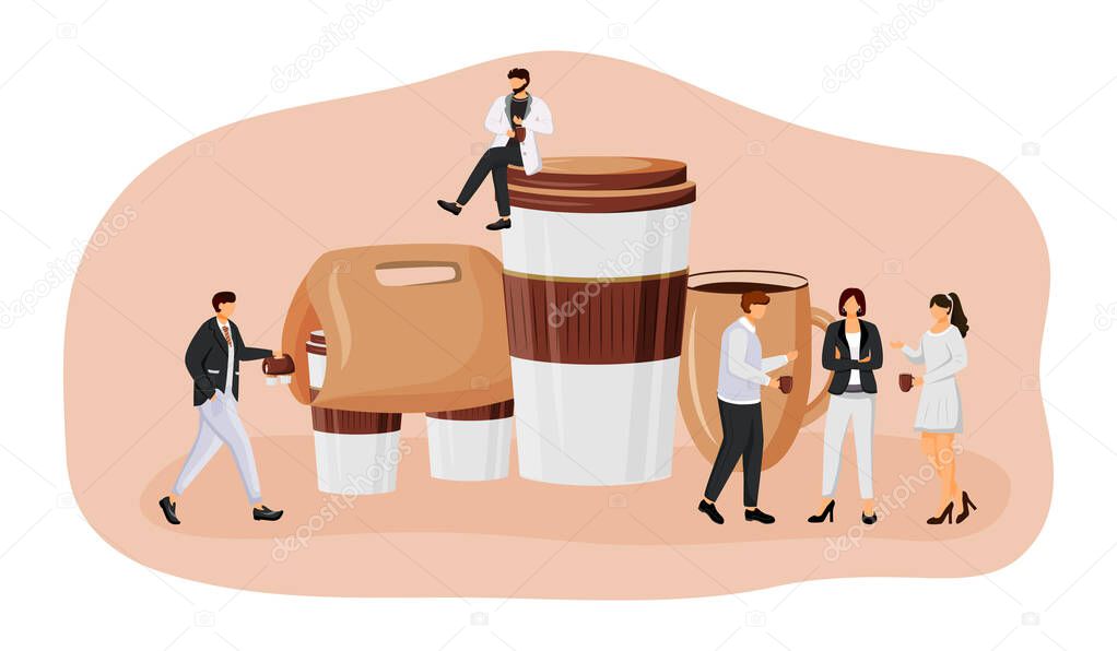 Coffee take out flat concept vector illustration. Coffeeshop take away. Employees meeting for lunch. Office workers with drinks 2D cartoon characters for web design. Tea to go creative idea
