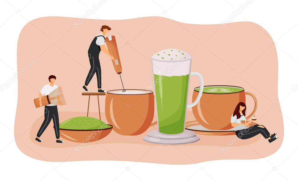Matcha latte flat concept vector illustration. Green tea powder. Man making hot drink. Japanese nutritious beverage. Barista 2D cartoon characters for web design. Coffeeshop creative idea
