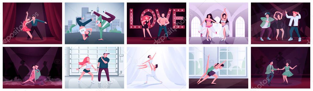 Couples dancing flat color vector illustrations set. Ballet, twist, latino dance contest participants. Tango, rumba, contemp, breakdance male and female performers 2D cartoon characters