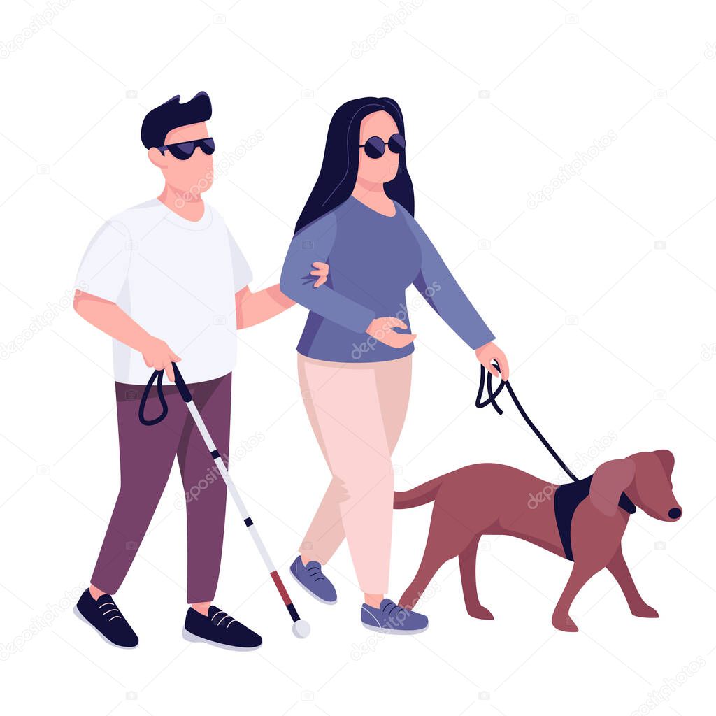 Blind man and woman with guide dog flat color vector faceless character. Young couple with eyesight problem walking together isolated cartoon illustration for web graphic design and animation