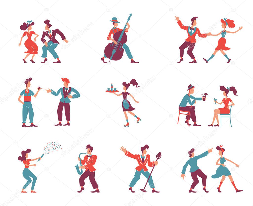 Rockabilly style people flat color vector faceless characters set. 1950s women and men. Old fashioned party dancers, jazz musicians, singers isolated cartoon illustrations on white background