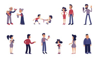 Yetişkinler ve çocuklar düz çizgi film çizim kiti. Büyük anne, büyük baba, kardeş, çift. Kafkasyalı kadın ve erkekler. Ticari, animasyon, yazdırma için 2d çizgi roman set şablonları kullanmaya hazır