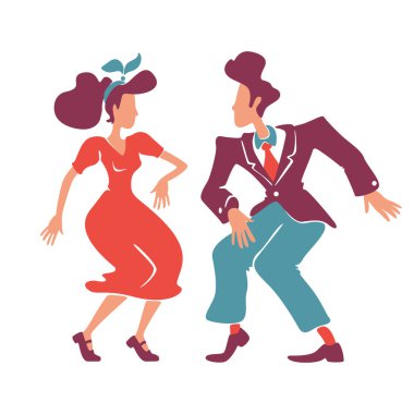 Dans eden çift rock 'n roll, düz renk vektör yüzsüz karakterler. Eski moda bayan ve beyefendi. Swing dansçıları. 1940 'lardaki retro stil kadın ve erkek disko karikatür çizimleri.