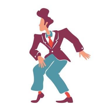 Eski tarz takım elbiseli adam düz renk vektör yüzsüz karakterle dans ediyor. Eski moda havalı beyaz adam eğleniyor. Boogie woogie erkek zarif dansçı karikatür çizimi