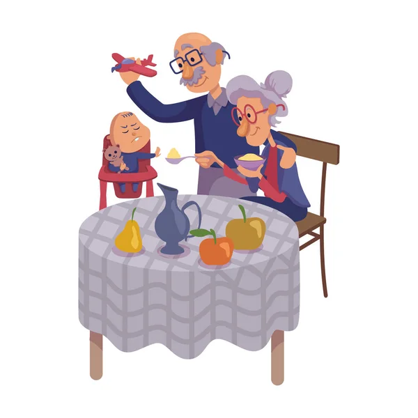 Grandparents Feeding Baby Flat Cartoon Vector Illustration Kid Refuse Eat — Stockový vektor