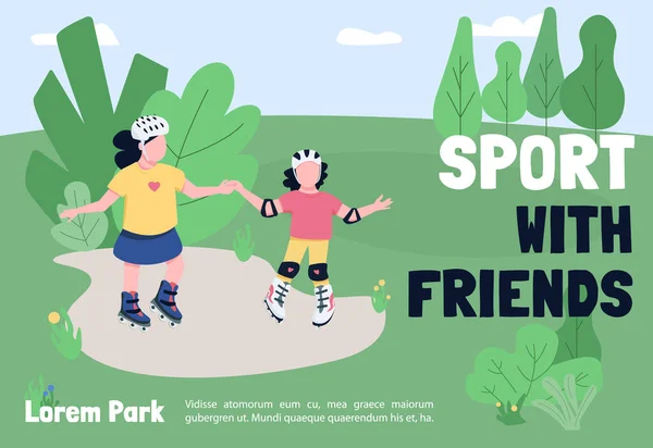 Sport with friends banner flat vector template. Brochure, poster concept design with cartoon characters. Outdoor extreme sports activities, roller skating horizontal flyer, leaflet with place for text