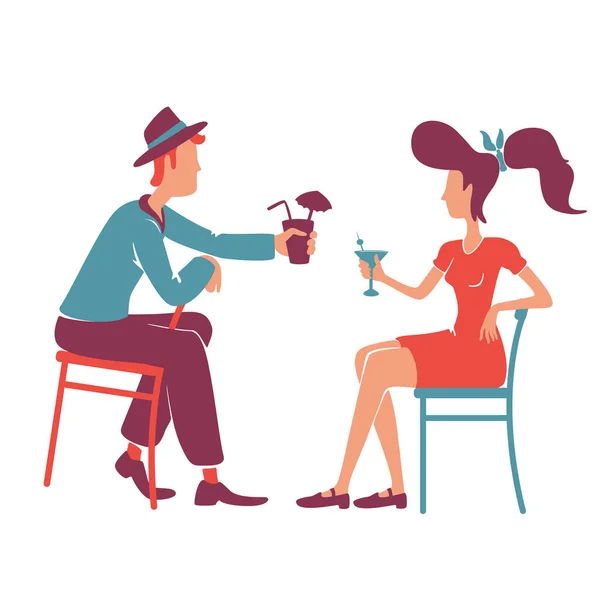 Couple Retro Bar Enjoying Cocktails Flat Color Vector Faceless Characters — Stockový vektor