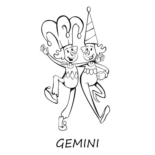 Gemini Zodiac Sign People Outline Cartoon Vector Illustration Twins Jester — Stock Vector