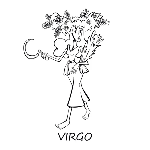 Virgo Zodiac Sign Woman Outline Cartoon Vector Illustration Girl Floral — Stock Vector