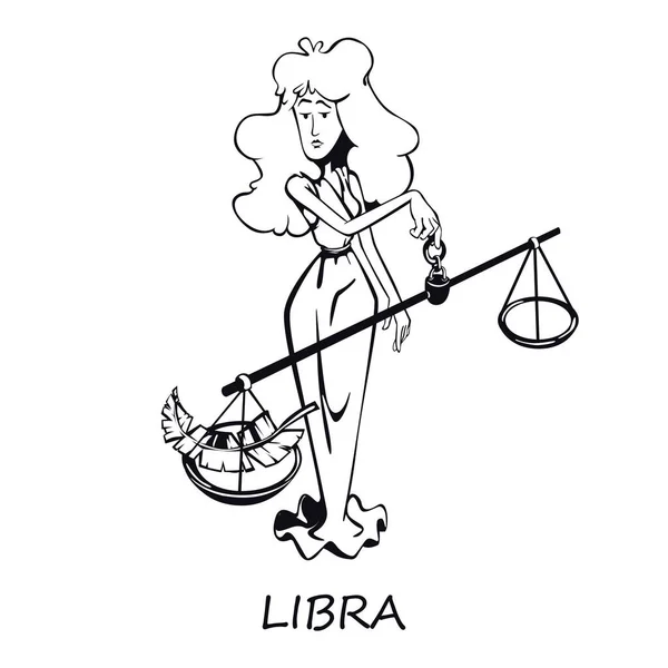 Libra Zodiac Tecken Kvinna Skissera Tecknad Vektor Illustration Luftastrologiska Symbolegenskaper — Stock vektor