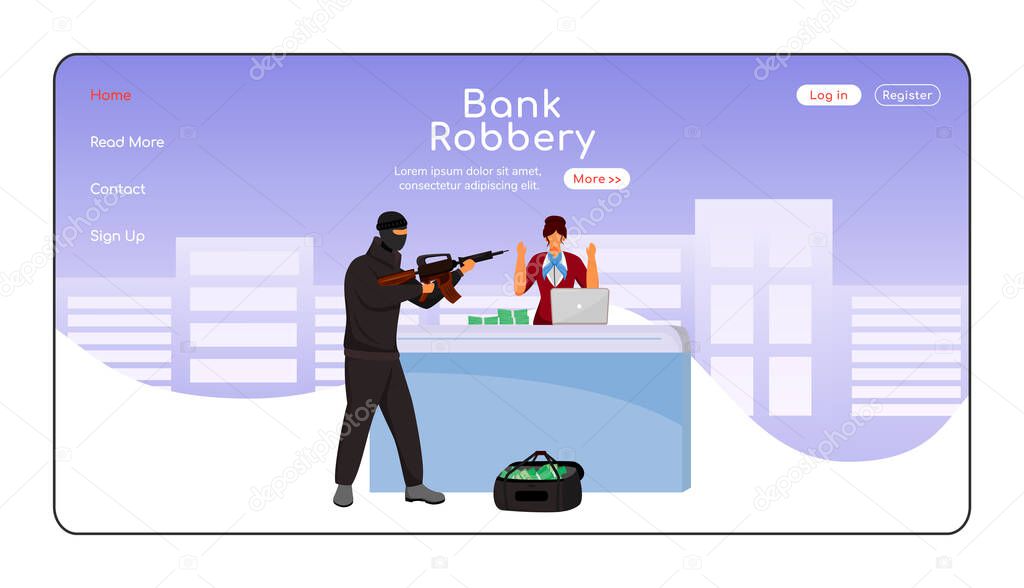 Bank robbery landing page flat color vector template. Armed criminal demanding money. Robber with weapon. Homepage layout. One page website interface with cartoon character. Web banner, webpage