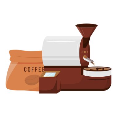 Roaster makinesi çizgi film vektör çizimi. Arabica ve Robusta tedarikçi servisleri. Küçük bir iş. Kahve çekirdekleri için düz renkli nesneler. Otomatik teknoloji beyaz arkaplanda izole edildi