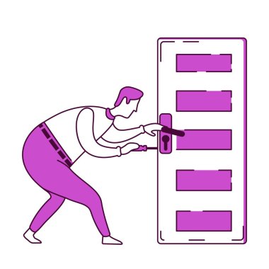 Tamirci kapı kolu düz siluet vektör illüstrasyonunu tamir ediyor. Tamirci gevşek kolu tamir eder. Craftsman 2d beyaz arka planda izole edilmiş karakter. Ev basit biçim çizimini onarıyor