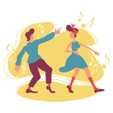 Disko retro partisi 2d vektör web afişi, poster. Dans pistindeki çift çizgi film arka planında eğlenceli düz karakterler yaşıyor. Eski moda insanlar. Boogie woogie yazdırılabilir yamalar, renkli web ögeleri