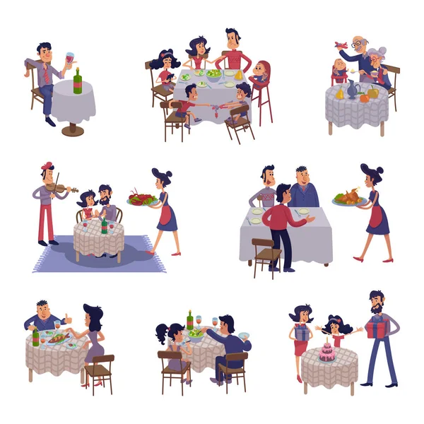 People Table Flat Cartoon Illustrations Kit Men Women Having Dinner — Stock Vector