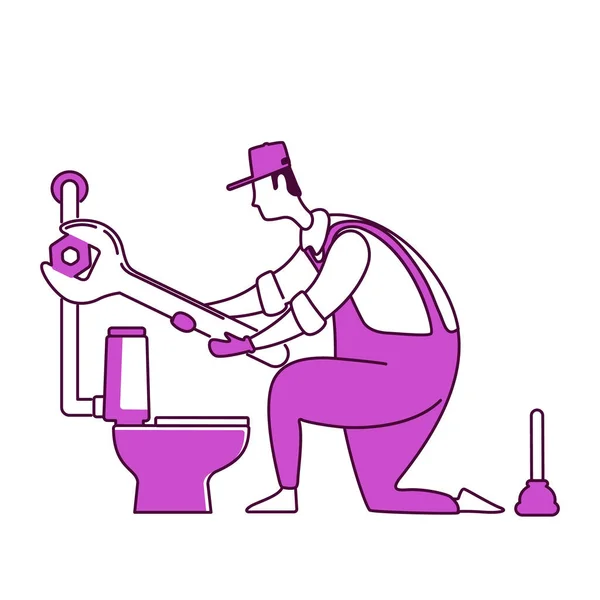 Plumbing Flat Silhouette Vector Illustration Man Replacing Toilet Handyworker Fixes — Stockový vektor