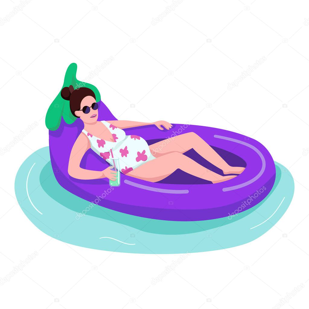 Pregnant woman in sunglasses flat color vector faceless character. Young mother drinking cocktail. Female in swimsuit on inflatable eggplant ring. Floating on water toy isolated cartoon illustration