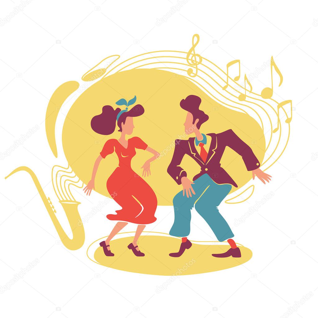 Swing jazz party 2D vector web banner, poster. 50s style couple dancing boogie woogie flat characters on cartoon background. Jive dancers. Rock n roll disco printable patches, colorful web elements