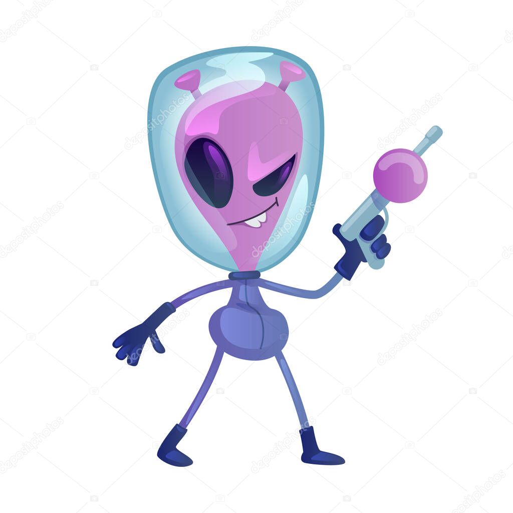 Alien with space weapon flat cartoon vector illustration. Invader, extraterrestrial with gun. Ready to use 2d character template for commercial, animation, printing design. Isolated comic hero