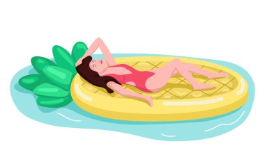 Düz renk vektörü yüzsüz kadın model güneşleniyor. Ananas şeklinde şişme yatak. Yüzme havuzunda bronzlaşan kız. Mayo giymiş genç bir kadın karikatür çiziyor.