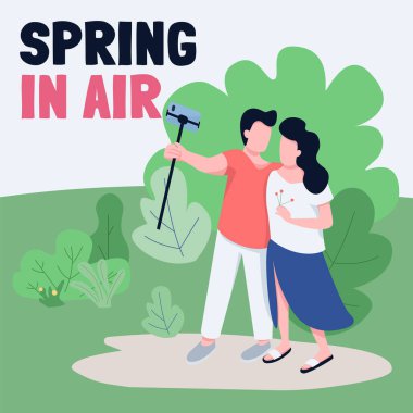 Park sosyal medyasındaki vlogcular model alıyorlar. Hava cümlesinde bahar. Web pankartı tasarım şablonu. Yaşam tarzını güçlendirir, içerik düzenini yazıyla etkiler. Poster, baskı reklamları ve düz illüstrasyon