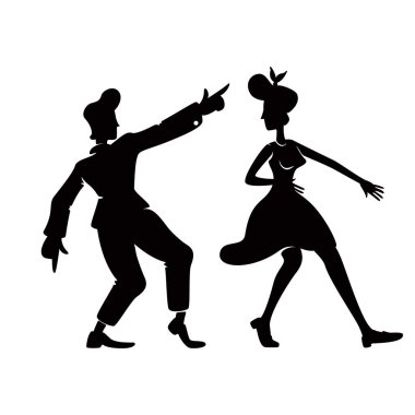 Rock n roll dansçıları siyah siluet vektör çizimi. Jive dans pozu veren eski insanlar. Klasik erkek ve kadın. Havalı yaşlı çift 2D çizgi film karakterleri. Reklam, animasyon, baskı için şekiller.