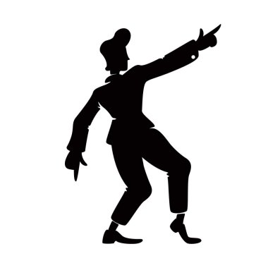 Retro stil özgüvenli adam siyah siluet vektör çizimi. Eski moda erkek el pozu. Rock n 'roll dansçısı, 1940' ların adamı. Çizgi film karakteri. Reklam, animasyon, baskı için.