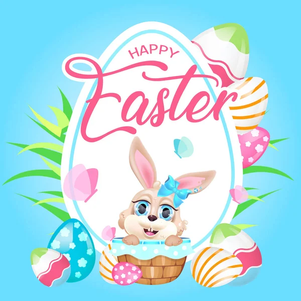 可爱的复活节兔子Kawaii字符社交媒体的模仿 春假信里夹着兔子 积极的海报 卡片模板与野兔 印刷品 儿童书画 — 图库矢量图片