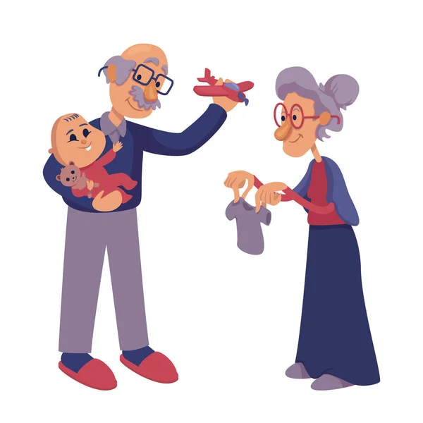 Kakek Nenek Bermain Dengan Ilustrasi Kartun Bayi Datar Nenek Senior - Stok Vektor