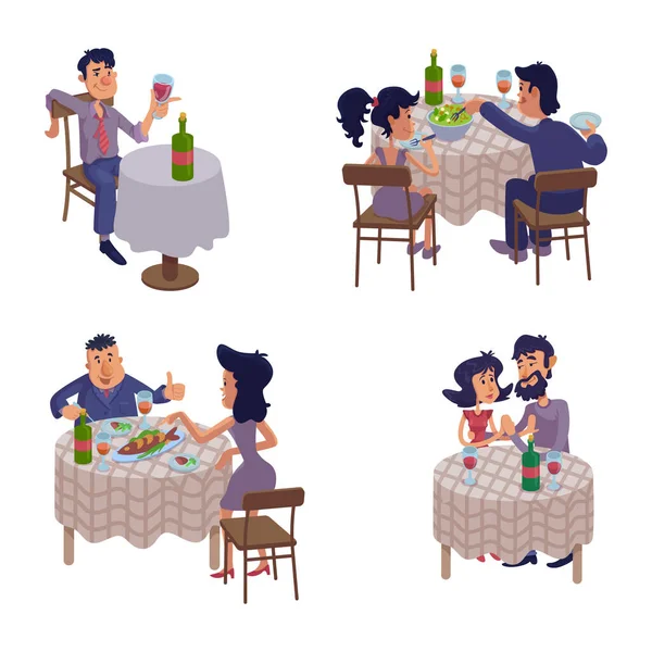 カップル一緒にフラット漫画ベクトルイラストキットを食べる ロマンチックなデートの女と男 テーブルの上で酔った男 アニメーション 印刷のための2D漫画のキャラクターセットテンプレートを使用する準備ができて — ストックベクタ