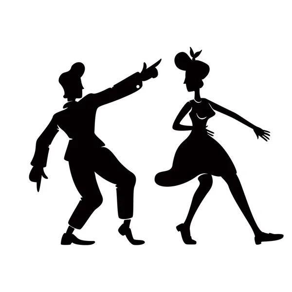 Rock Roll Dansers Zwart Silhouet Vector Illustratie Retro Mensen Grappige — Stockvector