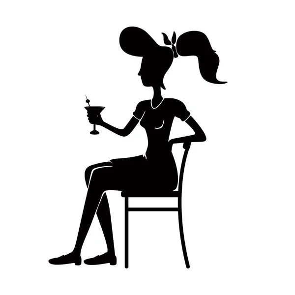 カクテルブラックシルエットベクトルイラストとレトロスタイルの女性 椅子の人のポーズに座って アニメーション 印刷のための古いファッション女性飲料アルコール2D漫画のキャラクター形状 — ストックベクタ