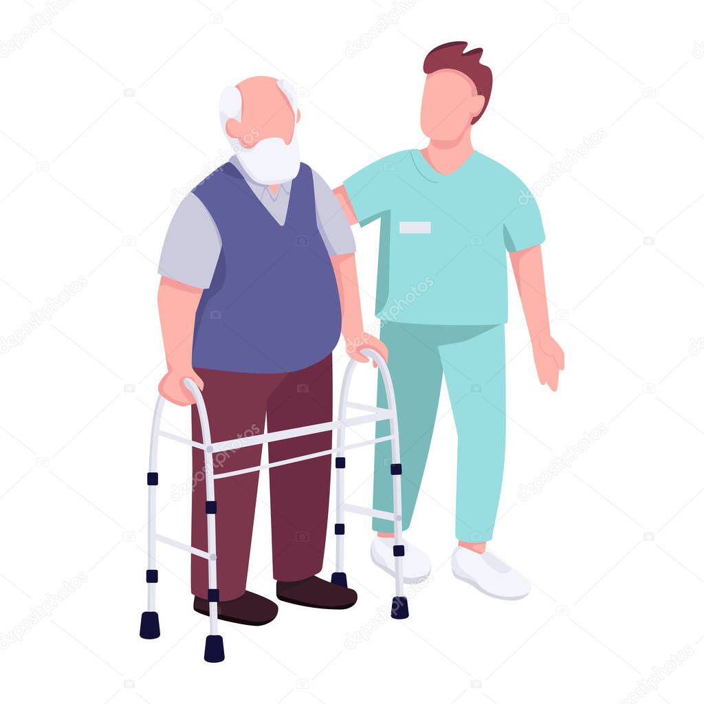 Senior man with walker and volunteer flat color vector faceless character. Retired grandfather and nursery home male worker isolated cartoon illustration for web graphic design and animation