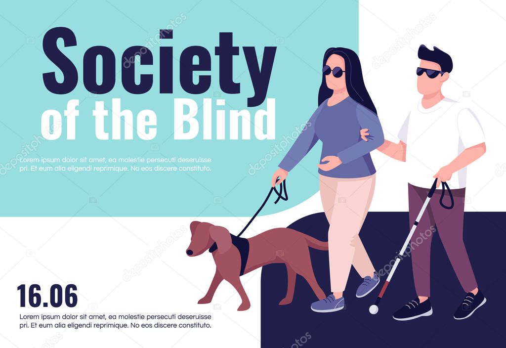 Blind people inclusion banner flat vector template. Brochure, poster concept design with cartoon characters. People with eyesight problem support horizontal flyer, leaflet with place for text