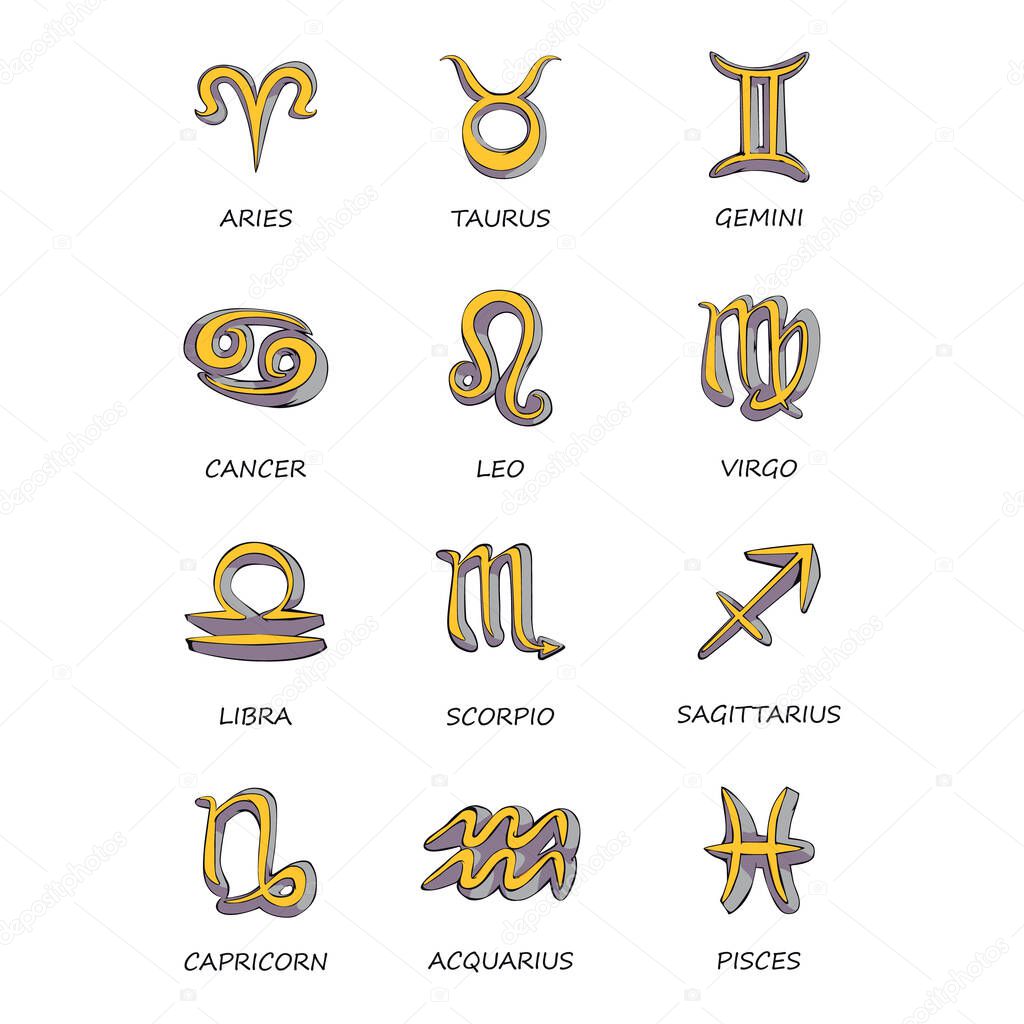 Twelve zodiac signs flat cartoon vector illustrations set. Celestial symbols with names for horoscope. Pisces, Aries, Libra, Sagittarius astrological symbols. Isolated hand drawn item