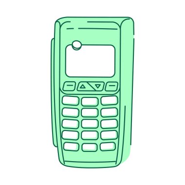 NFC cihazı, ödeme terminali yeşil doğrusal nesne. Kredi kartı tarama cihazı ince çizgi sembolü. E-ödeme sistemi, elektronik tarayıcı beyaz arkaplan üzerindeki ana hatları izole etti