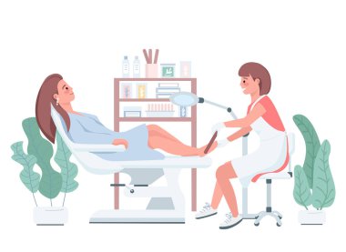 Pedikür düz renk vektörü karakterleri. Profesyonel güzellik uzmanı oje sürüyor. Kadın müşteri kozmetik tedavi görüyor. Spa servisi. Güzellik salonu prosedürü karikatür çizimi