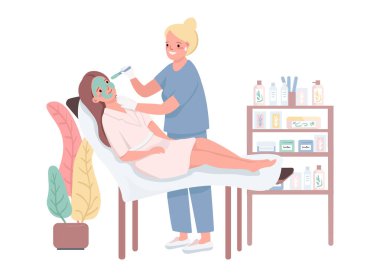 Spa düz renk vektör karakterlerini ziyaret eder. Yeşil maske takan kadın güzellik uzmanı. Genç bir kadın yüz estetiği yaptırıyor. Deri bakımı prosedürü. Güzellik salonu karikatür resimlerini izole etti.