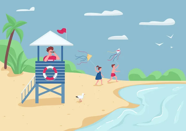 Безопасность Пляже Активный Отдых Плоская Цветовая Иллюстрация Спасатель Башне Наблюдает — стоковый вектор