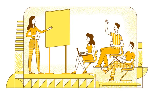 商务教练平面轮廓矢量插图 学生和老师在黄色背景上勾画出人物轮廓 专业教育 企业培训课程 研讨会简单风格绘画 — 图库矢量图片